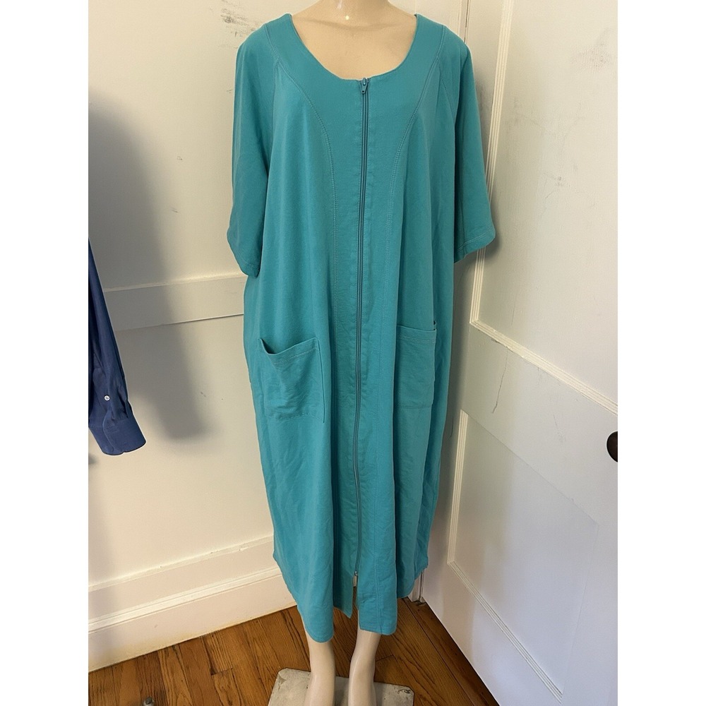 DREAMS & CO ROBE SIZE 1X 22/24 POCKETS FULL ZIP Green Housecoat Robe Short Slv